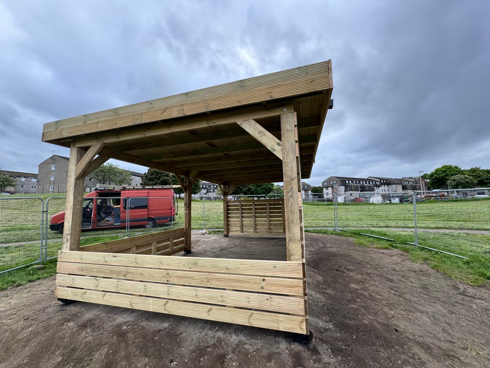 FOSFP Outdoor Classroom shortly after primary structure completion The Outdoor Classroom before stain, Looking South