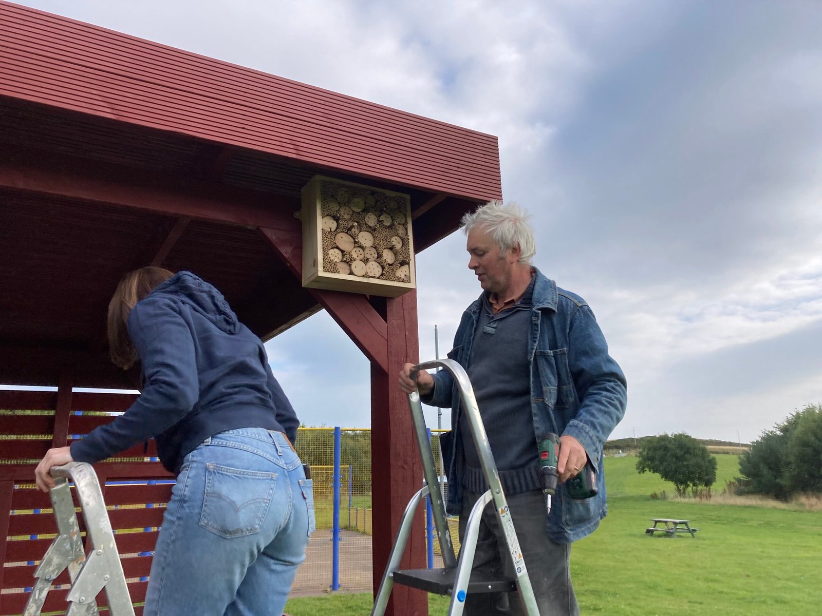 Jack and Ruth on ladders making sure the bee hotel is secure